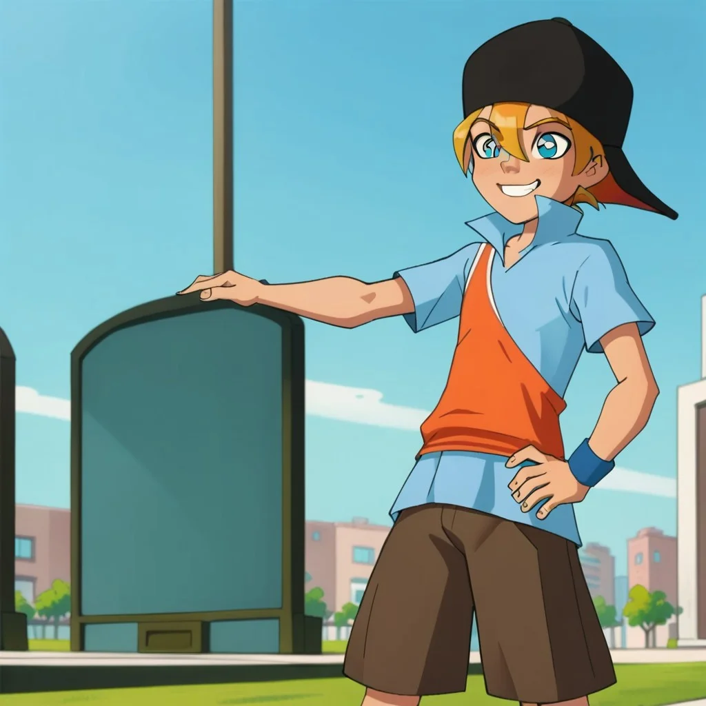 1boy, solo, leo, black cap, blonde hair, cyan eyes, smile