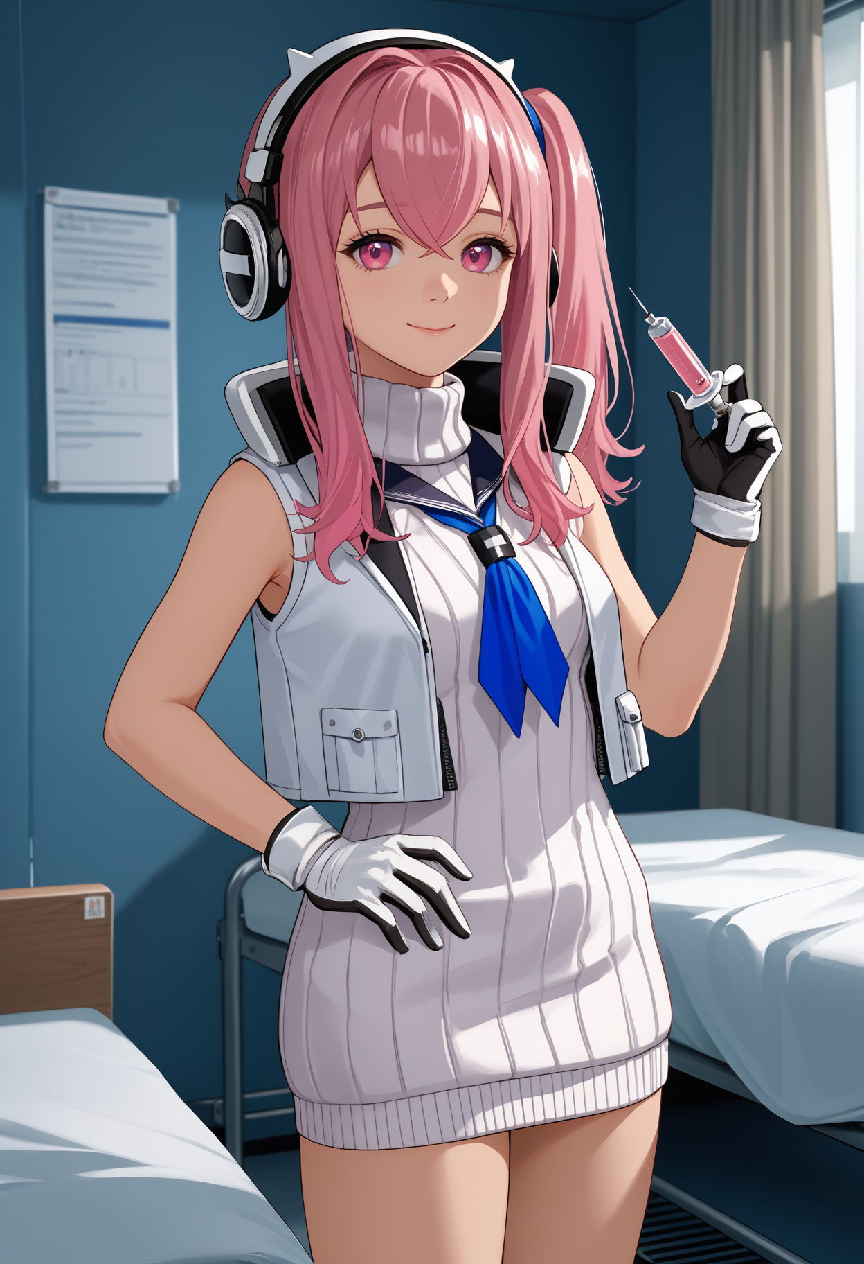 score_9, score_8_up, score_7_up, source_anime BREAK 1girl, solo, <lora:pepper-nikke-richy-v1_pdxl:1> ppprdf, pink eyes, pink hair, long hair, sidelocks, side ponytail, headphones, breasts, blue neckerchief, white vest, sleeveless, white sweater, turtleneck sweater, ribbed sweater, sweater dress, two-tone gloves, smile, closed mouth, looking at viewer, standing, indoors, hospital, curtains, needle, syringe