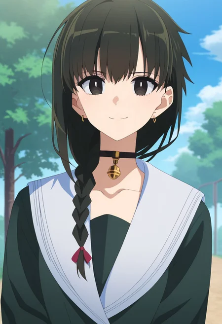 score_9, score_7_up, source_anime,
yokoya, 1girl, solo, black eyes, black hair, braid, hair over shoulder, chocker, black chocker, bell, jewelry, earrings, school uniform, serafuku, jacket, black jacket, portrait, smile, closed mouth,
outdoor, sky, tree, cloud,