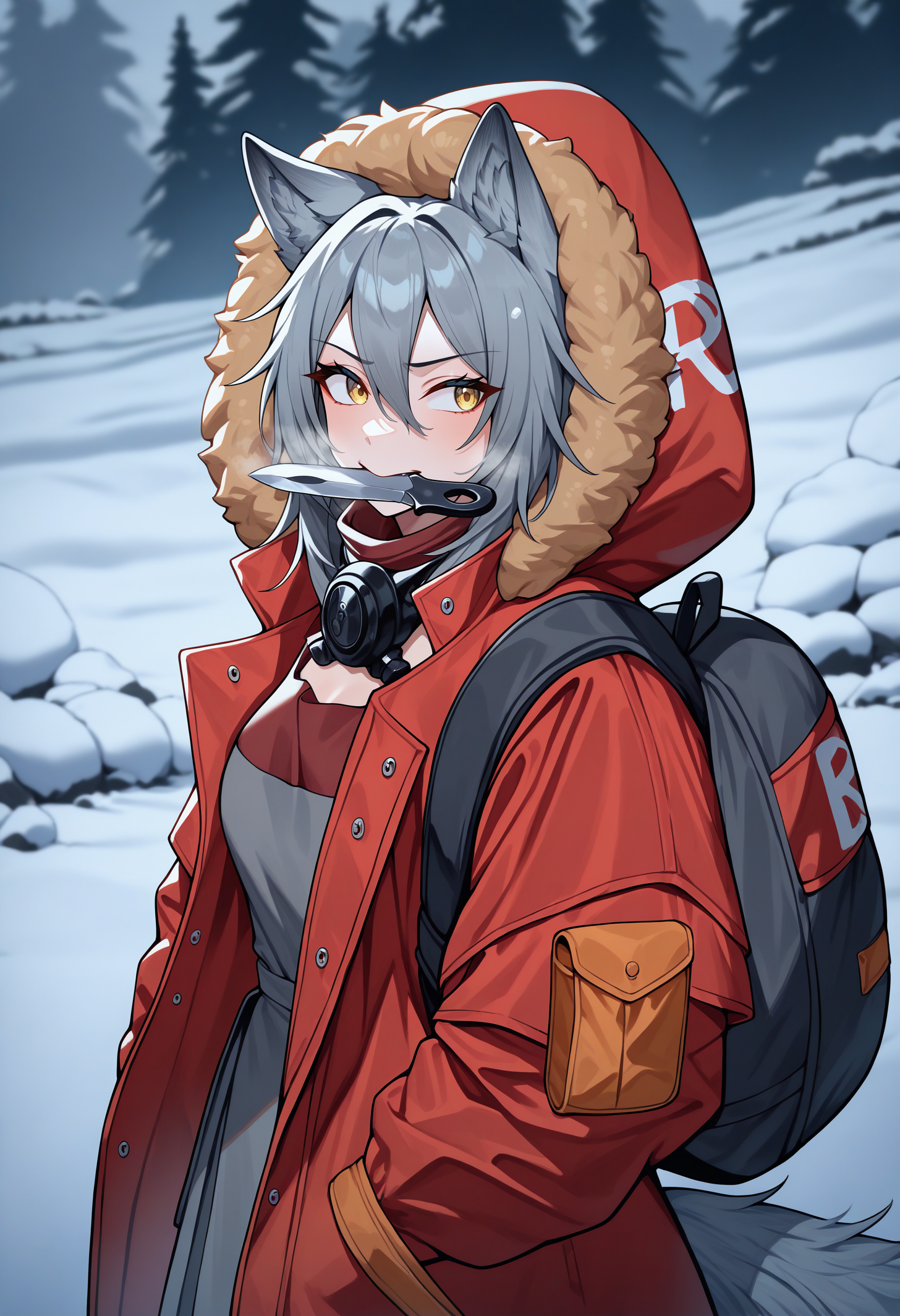 masterpiece, best quality, newest, absurdres, highres, 1girl, ProRedSwm, wolf ears, grey hair, hair between eyes, wolf tail, yellow eyes, wolf girl, <lora:ProjektRed_illusXLNoobAI_Incrs_v1:1>,
mask around neck, fur-trimmed hood, hood up, hooded jacket, duffel bag, fur trim, red jacket, open clothes, open jacket, red coat, red shirt, grey shirt, backpack, pouch, grey dress, long sleeves, tachi-e, knife in mouth, upper body, winter, snow, outdoors, looking to the side,
