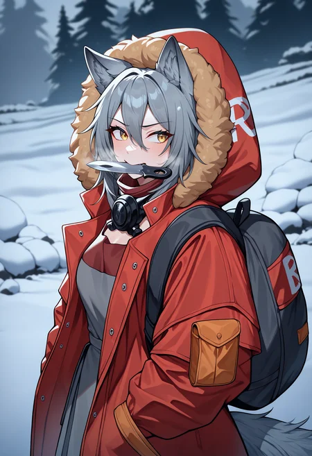 masterpiece, best quality, newest, absurdres, highres, 1girl, ProRedSwm, wolf ears, grey hair, hair between eyes, wolf tail, yellow eyes, wolf girl, <lora:ProjektRed_illusXLNoobAI_Incrs_v1:1>,
mask around neck, fur-trimmed hood, hood up, hooded jacket, duffel bag, fur trim, red jacket, open clothes, open jacket, red coat, red shirt, grey shirt, backpack, pouch, grey dress, long sleeves, tachi-e, knife in mouth, upper body, winter, snow, outdoors, looking to the side,