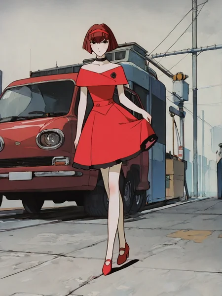 rating_explicit, source_anime, score_9, score_8_up, score_7_up, anime screencap, 8k, absurd res, <lora:BigO_PDXLv1 Dorothy-000060:0.8> 1girl, short hair, red hair, black eyes, pale skin, dorothy_reddress_(the_big_o), full body,