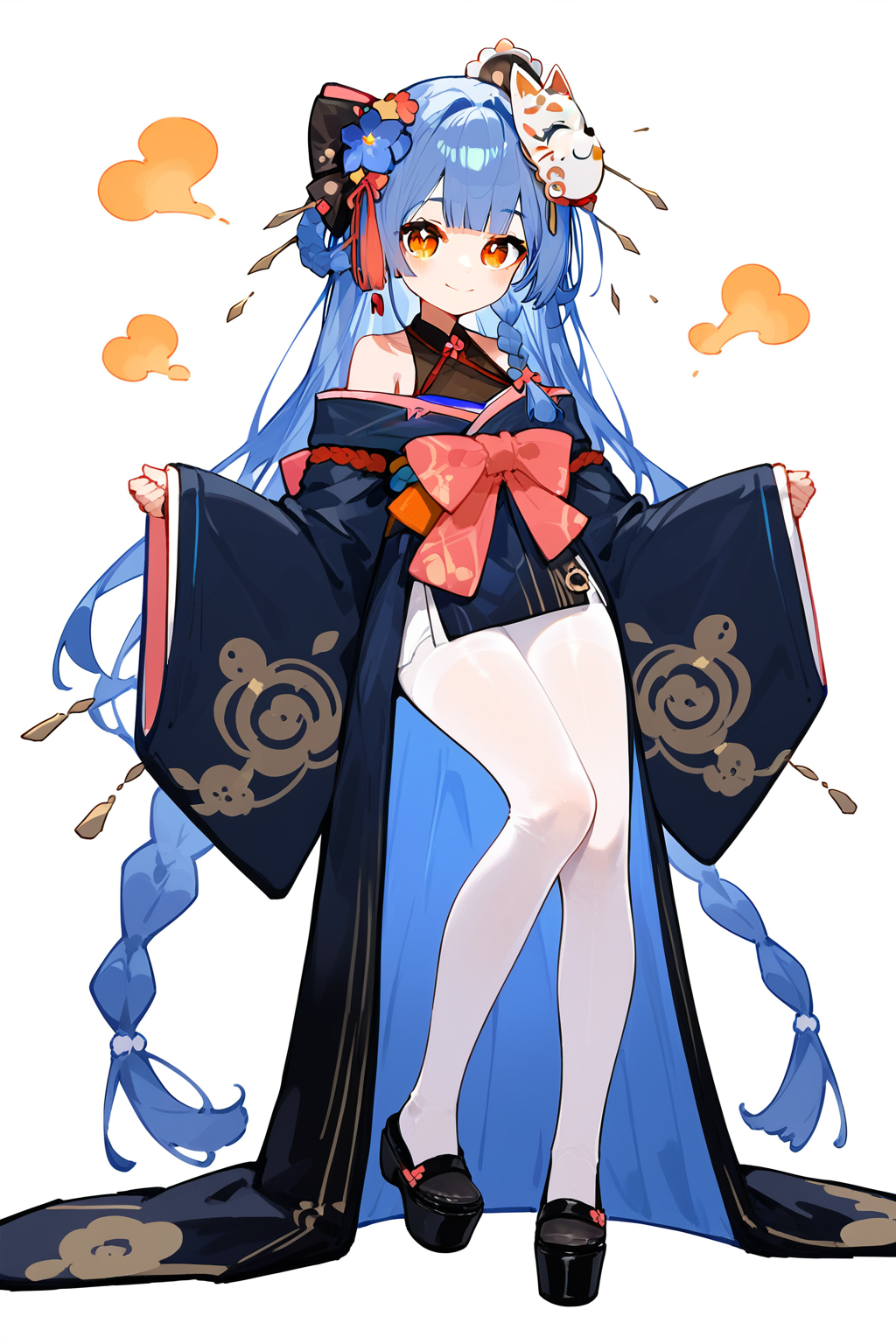 (score_9,score_8_up,score_7_up,),<lora:Azi2:0.8>,azi,solo,1girl,virtual youtuber,orange eyes,yellow eyes,long hair,mask on head,japanese clothes,blue hair,hair ornament,very long hair,black footwear,looking at viewer,kimono,braid,bare shoulders,bangs,wide sleeves,hair flower,long sleeves,straight-on,pink bow,shoes,off shoulder,light smile,white background,front view,blush,full body,white_pantyhose,