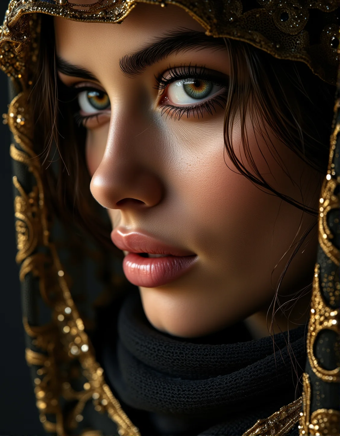 . A captivating close-up of a woman's face, her eyes piercing through delicate black lace, with a golden glow casting soft reflections on her skin. The scene is enhanced by the intricate texture of gold leaf patterns., <lora:bv-close-up-enhancer.safetensors:1.0:1.0>