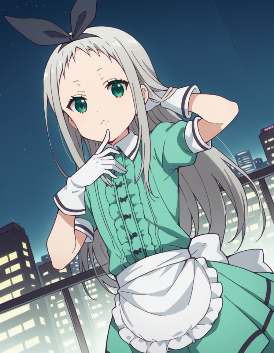 score_9, score_8_up, score_7_up, source_anime, <lora:hideri-kanzaki-s1-ponyxl-lora-nochekaiser:1>, hideri kanzaki, long hair, bow, green eyes, hair bow, grey hair, male focus, hairband, black hairband, otoko no ko, forehead,, gloves, dress, short sleeves, frills, puffy sleeves, white gloves, apron, puffy short sleeves, waist apron, white apron, frilled apron, waitress,, city skyline, rooftop view, night time, city lights, quiet reflection, , looking at viewer, foot pointed, hand on chin, arm behind head, solo,, cowboy shot, dutch angle