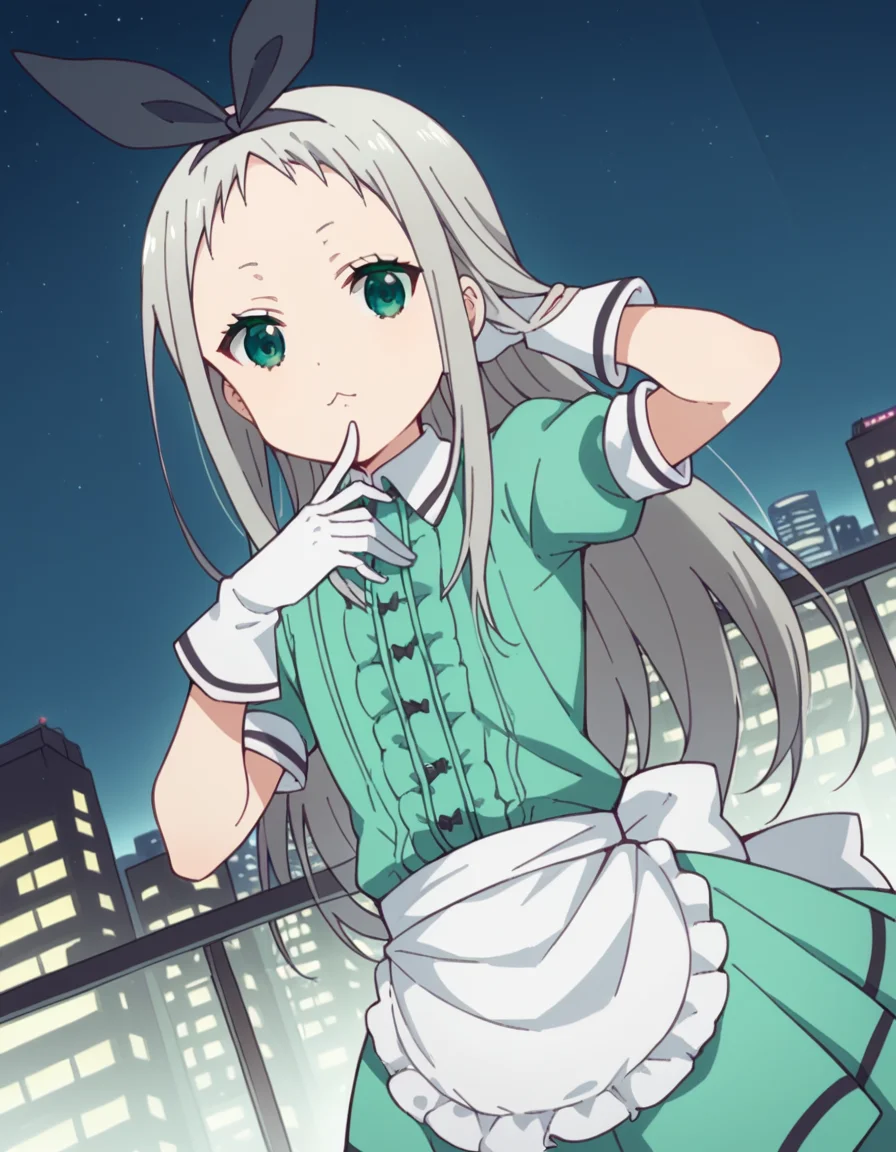score_9, score_8_up, score_7_up, source_anime, <lora:hideri-kanzaki-s1-ponyxl-lora-nochekaiser:1>, hideri kanzaki, long hair, bow, green eyes, hair bow, grey hair, male focus, hairband, black hairband, otoko no ko, forehead,, gloves, dress, short sleeves, frills, puffy sleeves, white gloves, apron, puffy short sleeves, waist apron, white apron, frilled apron, waitress,, city skyline, rooftop view, night time, city lights, quiet reflection, , looking at viewer, foot pointed, hand on chin, arm behind head, solo,, cowboy shot, dutch angle