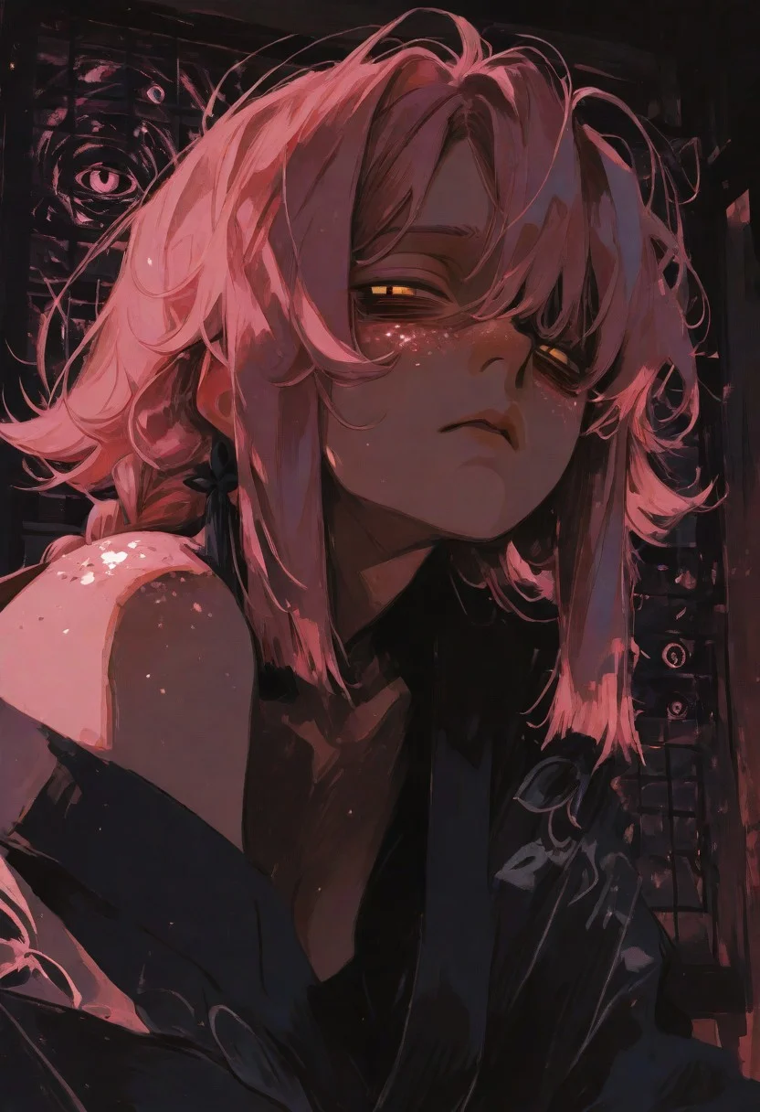 masterpiece,best quality,amazing quality,very aesthetic,newest,ultra detail, (score_9,score_8_up,score_7_up,score_6_up,rating_safe),hyper-detailed,ultra HD,cinematic lighting,(maeve:2.0),young  with an asymmetrical hairstyle,(one eye covered by hair), (head tilted back), (chin raised), (neck exposed), (looking upward), (asymmetrical bangs),(long braids:1.2) ,(looking at viewer:1.5),(pink hair:1.5),(deep emotional connection:1.4),(detailed facial features:1.4),(no fusion,no deformities,correct anatomy:1.5),sexy pose,dynamic pose,(yellow eyes:1.5), (glowing eyes:1.5),(Cat pupils:2.0),Detailed eyes, (white freckles),(glowing freckles:2.0),wild and swaying hair, small breasts,(bare shoulder:1.5),(Hanging breasts),(black kimono:1.5),kimono open,(cleavage),(Tired expression:2.0),(dark circles under the eyes:2.0), (Sleeping face:1.5),(deeply distressed:1.5),(squinting eyes:1.5),tabi,Calf,plump lips,(Sitting:1.5),side locks,makeup,floral print,(front-facing, direct view:1.5),(extreme close-up:1.8, eye focus:1.7),Warm crimson ambient light, light that illuminates maeve dimlylight,<lora:illustrious_all_rated_v1:0.5><lora:ppw_v7_noobE11_6_r2_0.05:0.6><lora:nhl-001:0.6> nhl-001,limited palette,realistic,BREAK
Japanese house, Moody lighting,<lora:wasabi_natsume_style_r1:0.8> wasabi_natsume_illu,abstract, surreal,<lora:748cm_illu:0.4> 7481llu