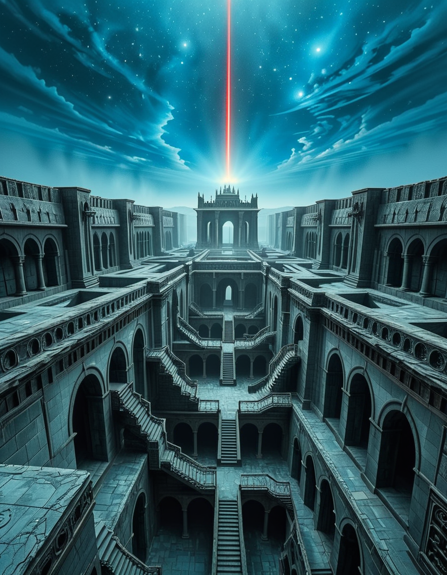 A vast, nightmarish labyrinth stretching endlessly into the horizon, its architecture a fusion of brutalist and gothic styles. The towering stone walls are cold, weathered, and adorned with eerie, ancient carvings. Deep chasms divide the labyrinth, revealing endless layers of arches and staircases that descend into an abyss of darkness. The atmosphere is thick with an unsettling silence, broken only by distant whispers and echoes of unseen entities.
A strange, ominous red beam pierces the sky from a distant point at the horizon, casting an eerie glow over the surreal landscape. The sky above is an unnatural, deep blue, devoid of stars, shrouded in a thick, ominous haze. Shadows stretch unnaturally long, twisting and shifting as if alive.
The entire scene evokes a sense of isolation and dread, as if trapped in an inescapable nightmare. The labyrinthâs geometry seems almost impossible, defying logic with staircases leading to nowhere and corridors looping endlessly. A place where time feels distorted, and reality itself is uncertain.
Style & Mood:
    Dark surrealism, Lovecraftian horror
    Cinematic, high-detail, eerie lighting
    Atmospheric perspective, emphasizing scale and depth
    Inspired by the works of ZdzisÅaw BeksiÅski and H.R. Giger
<lora:SDXLFaeTastic2400:0.4> <lora:extremely_detailed:0.4> extremely detailed, <lora:nightmarish_l4byr1nth:1>,nightmarish l4byr1nth, Masterpiece,best quality,hi res,8k,hi res,8k,award winning,(sharp focus, intricate, highly detailed),