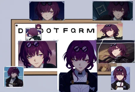 score_9, score_8_up, score_7_up BREAK solo, 1girl, clamKafka, purple hair, eyewear on head,  difh, photo (object), english text, multiple views, poster, tape, cropped, black jacket, white shirt <lora:clamKafkaPDXL:1> <lora:DIFH:1.2>