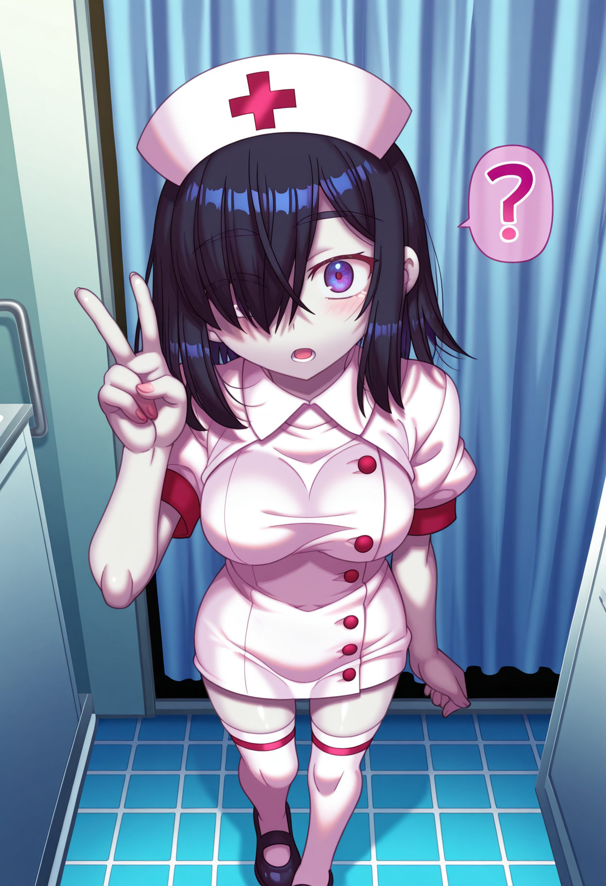 1girl, black hair, pale skin, purple eyes, hair over one eye, medium hair, medium breasts, red lipstick,
solo, looking at viewer, indoors, hand up, standing, surprised, eyes wide open,
short sleeves, white thighhighs, v, white headwear, black shoes, curtains, nurse dress, nurse cap, shrug (clothing), tiles, 
<lora:HachimaruExtremeIL-style:1>, hachimaruextreme, best quality,amazing quality, masterpiece,