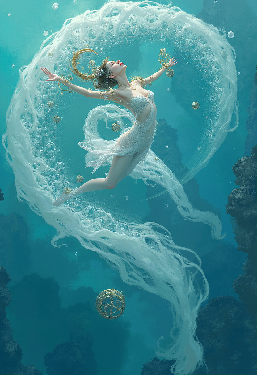 there is a woman that is flying through the air with bubbles, queen of the sea mu yanling, cgsociety and fenghua zhong, by Huang Guangjian, heise-lian yan fang, affable ， wenjun lin, fantasy art behance, yintion j - jiang geping, by Wen Jia, fairy cgsociety,