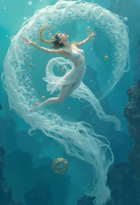 there is a woman that is flying through the air with bubbles, queen of the sea mu yanling, cgsociety and fenghua zhong, by Huang Guangjian, heise-lian yan fang, affable , wenjun lin, fantasy art behance, yintion j - jiang geping, by Wen Jia, fairy cgsociety,