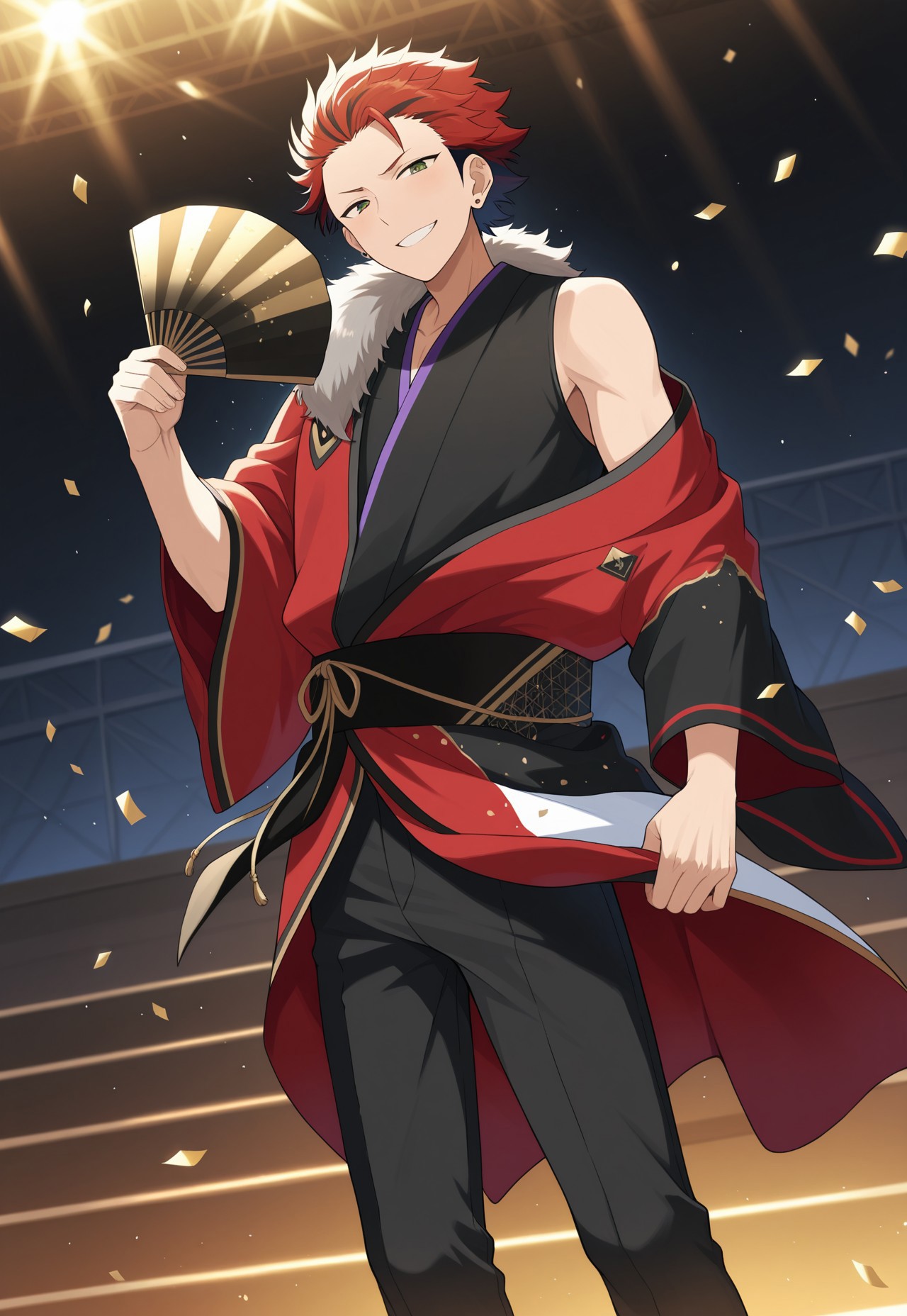 masterpiece,best quality,amazing quality, source_anime, 

kuroooky, 1boy, male focus, solo, green eyes, red hair, multicolored hair, jewelry, earrings, ear piercing, akatsuki uniform, kimono, multicolored kimono, fur trim, single off shoulder, pants, black pants, indoor, stage, light, confetti, grin, holding hand fan,