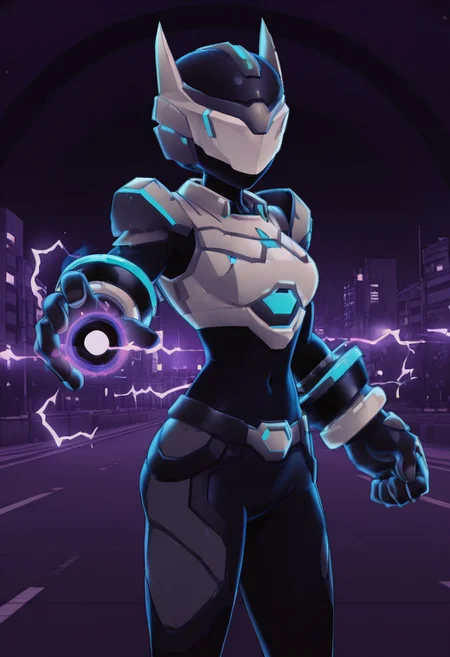 masterpiece, best quality,    zzCodeV, 1girl, bodysuit, neon trim, armor, black bodysuit, dynamic pose, helmet, covered face, standing on a busy street, city lights, undercover assassin, cool and composed, 
charging energy, energy ball, black hole, electricity,