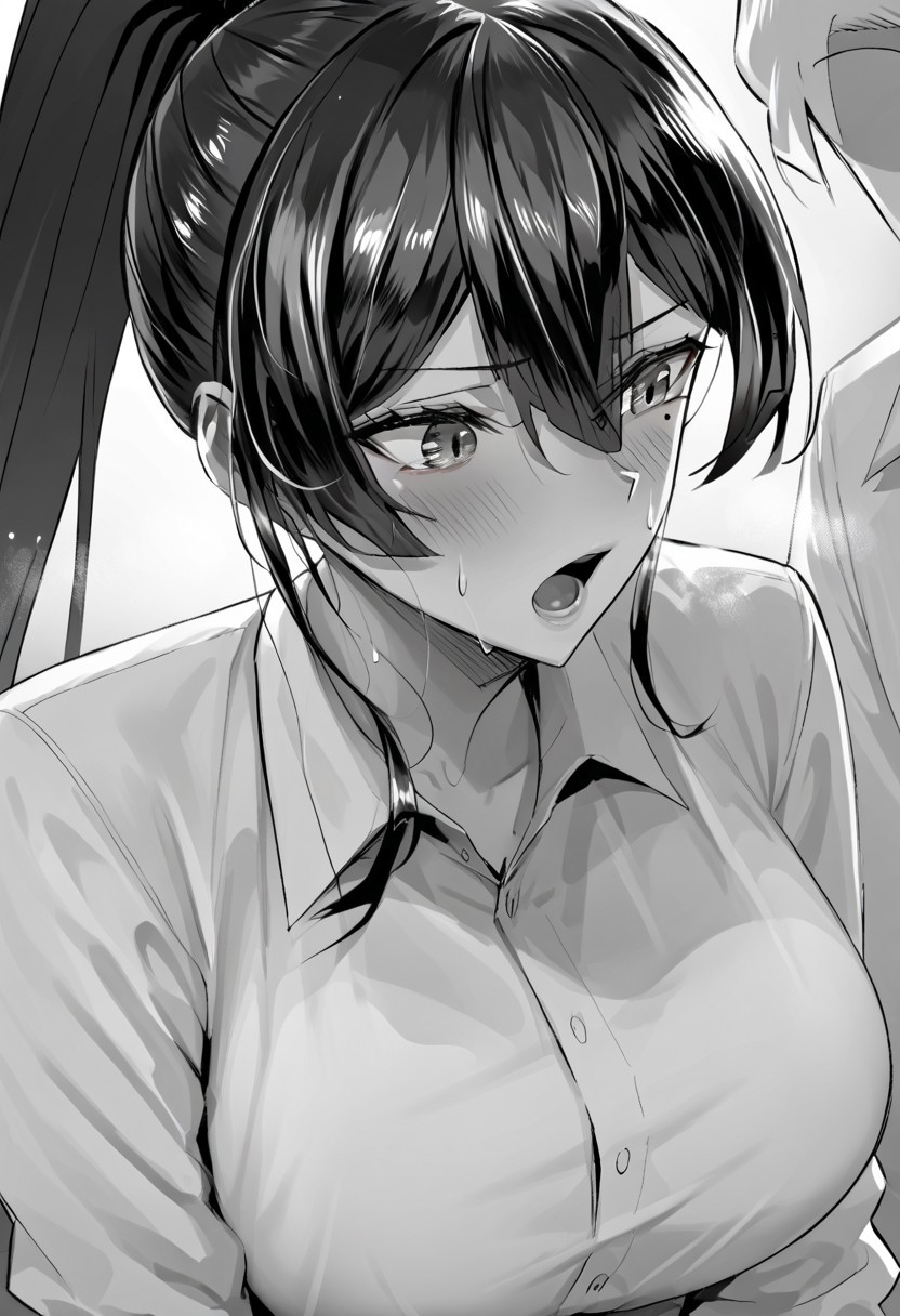 source_anime, score_9, score_8_up, score_7_up, akamine satsuki, 1girl, blush, sweat, 1boy, ponytail, open mouth, hetero, mole, solo focus, large breasts