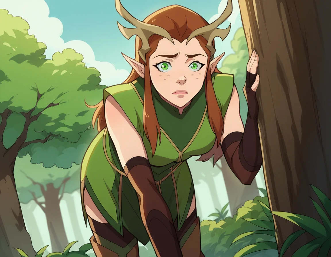 score_9, score_8_up, score_7_up, source_anime,
keyleth, <lora:keyleth-ponyxl-lora-nochekaiser:1>,
keyleth, long hair, brown hair, green eyes, pointy ears, elf, antlers, freckles,
thighhighs, gloves, boots, fingerless gloves, thigh boots, brown footwear, green dress,
outdoors, nature, bent over,
looking at viewer, dutch angle, cowboy shot,