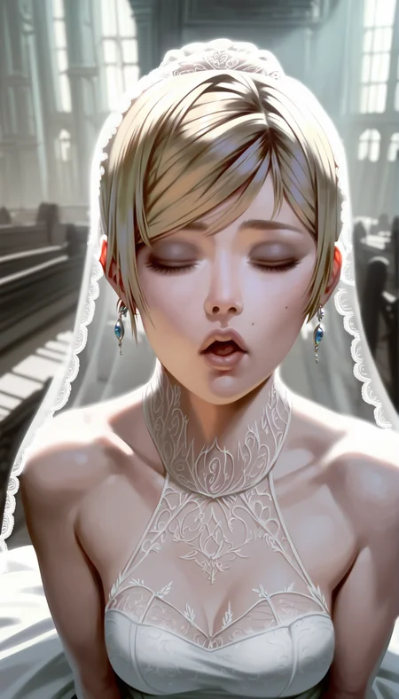 score_9,score_8_up,
realistic,(bloom:1.2),
<lora:leanne:1>,leanne,
1girl,solo,blonde hair,updo,bangs,bridal veil,closed eyes,facing viewer,open mouth,earrings,wedding dress with lace trim,face focus,kissing pov,indoors,church,