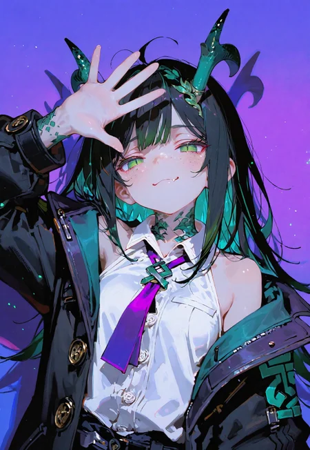 looking at viewer,above torso only, smug ,hands waving

1 girl,petite,loose unruly messy hair,messy bangs,black hair,green accents hair,fair skin,dragon horns,green eyes,slit eyes,freckles

Large Black coat with green accent,coat hanging sleeves,white sleeveless buttoned shirt,purple tie, exposed shoulder

Color background, bright purple background,shadow, light from front,glimmer, scales design

Cunnystyle,748cmstyle,Smooth_Quality,dynamic pose, foreshortening, extreme perspective,masterpiece,best quality,amazing quality, aesthetic,bright colors,bold lines