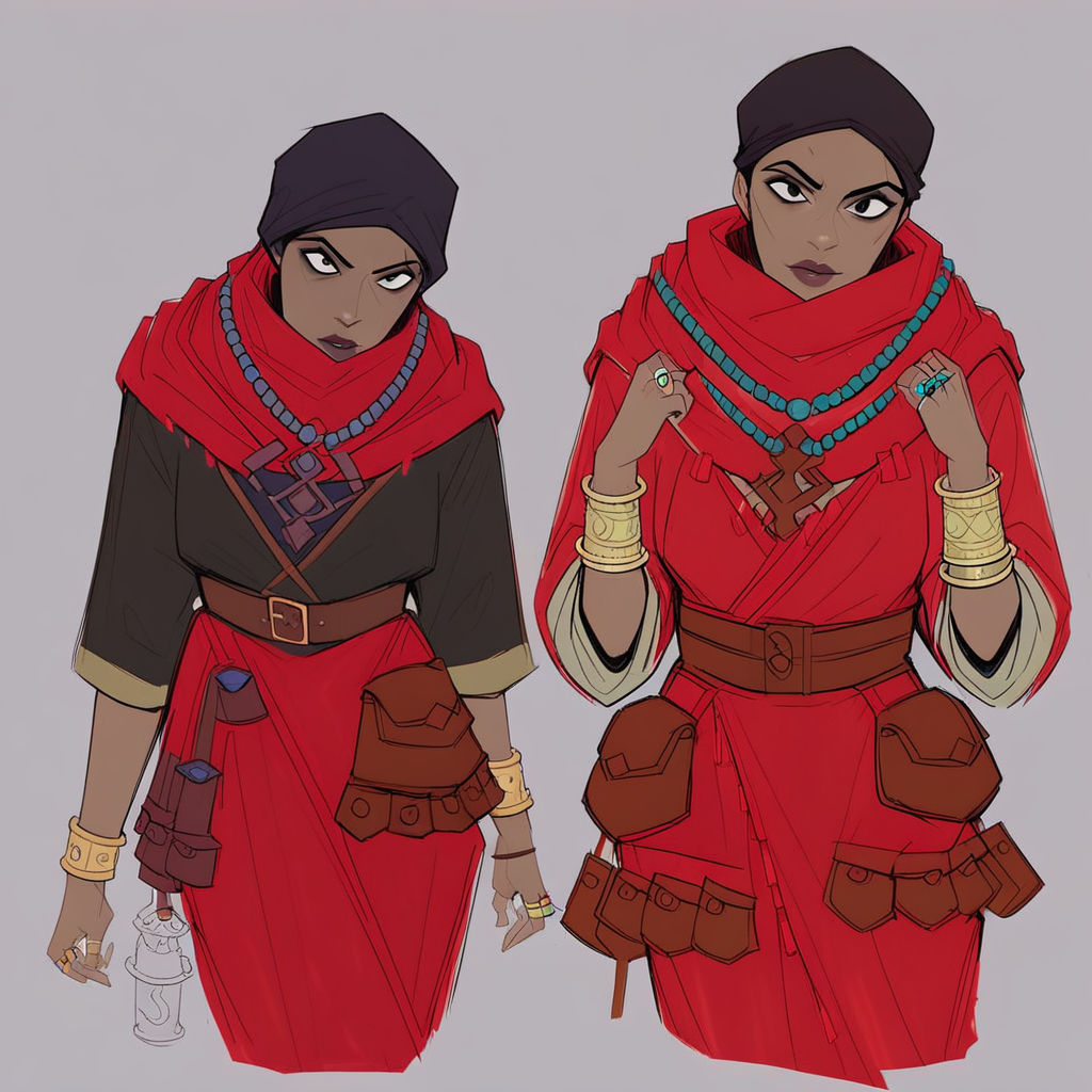 score_9, score_8_up, score_7_up, masterpiece, best quality, newest, absurdres, highres, DDAntiq-V1.1, scarf, bandana, robe, dark-skinned female, dark skin, belt pouch, pouch, necklace, belt, ring, bracelet,