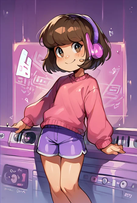 score_9, score_8_up, score_7_up,, good quality ,, character focus, solo, , best quality , detailed background, <lora:melodii-06:1.2> melodii, brown hair, 1girl, short hair, purple headphones, pink sweater, long sleeves, purple shorts