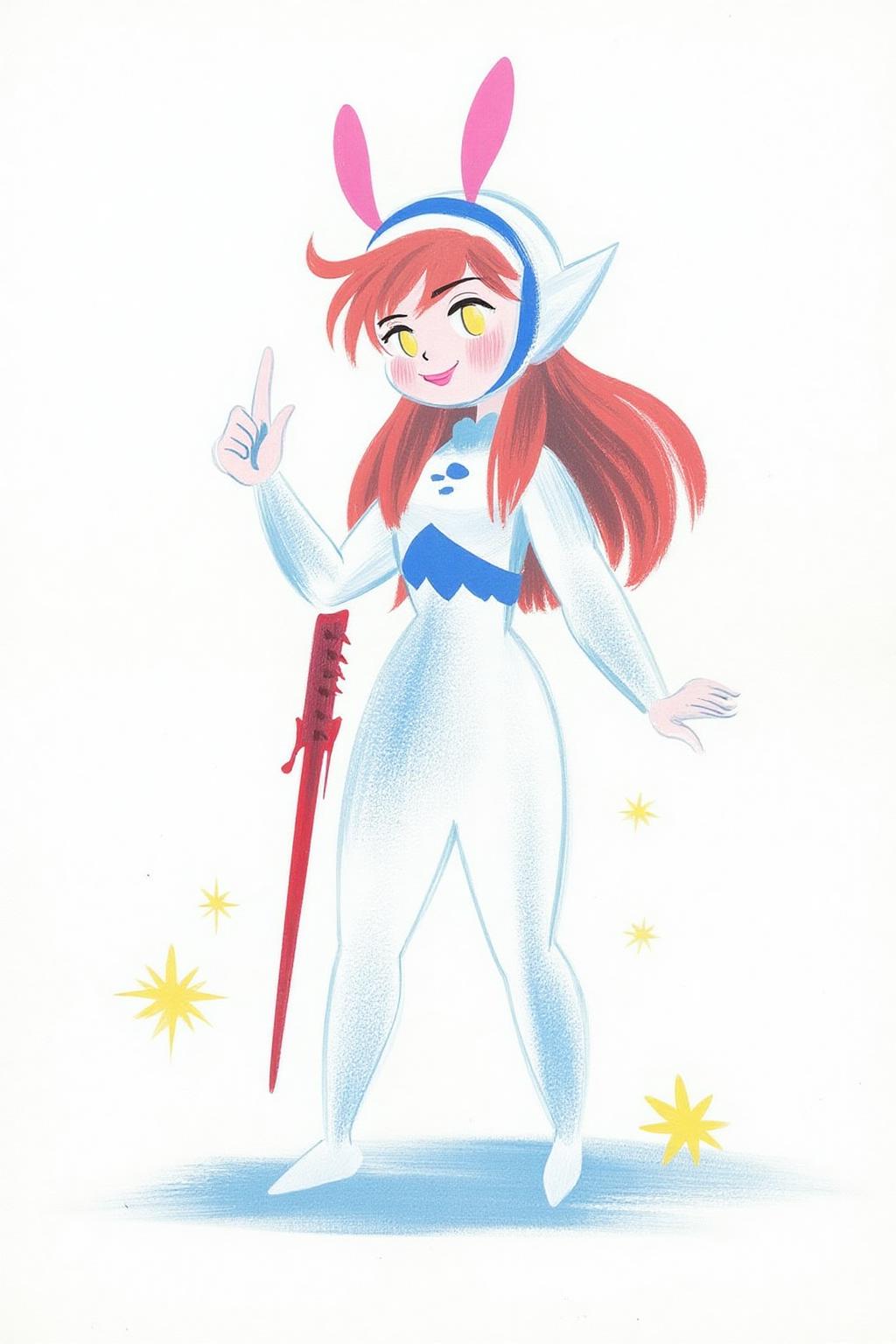 maryblair1 illustration.
A character is dressed in a white and blue space-themed outfit. They have long, flowing red hair and are wearing a helmet with a blue outline and two pink antennae-like protrusions. They are holding a red weapon in their right hand, pointed upwards. A yellow star is near the bottom right corner.
  <lora:maryblair2_cap_d8a4:1.0><lora:846224388568136777:0>