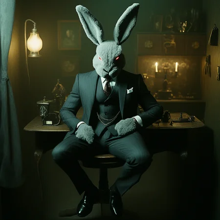 Anthropomorphic, cinematic setting, The image shows a man in a suit and tie sitting on a chair in front of a table with various objects on it a chair to the right a cupboard to the left and a light attached to the wall in the background. The man is wearing a rabbit mask giving the impression of a mysterious and mysterious atmosphere., sitting, solo, bowtie, vest, furry, pants, bow, black footwear, stool, indoors