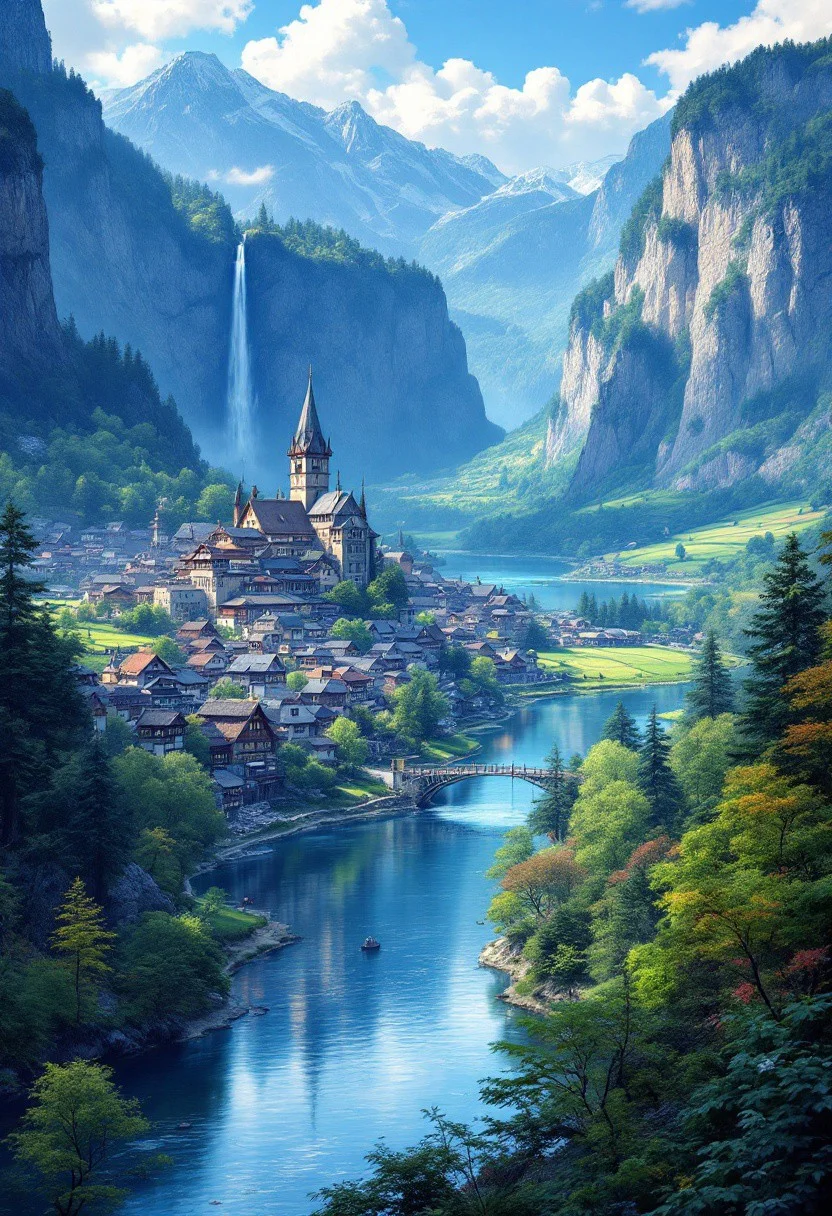 a peacefull medieval Japanese town on a river with a dence forest laying under mountain cliffs. waterfalls comming from the mountains over the cliffs and into the Japanese town. farm fields surrounding the Japanese town landscape. Japanese town between mountain cliffs laying in a valley with a small lake close to the Japanese town