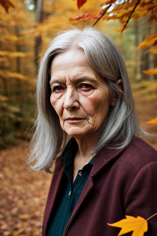 old woman with metal silver hair, yellow-amber metal skin, and ruby eyes, autumn forest