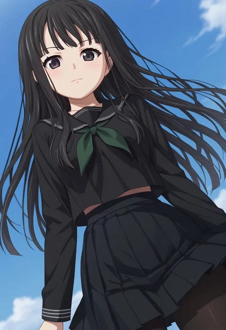 1girl, solo, byakuya rinne, black eyes, black serafuku, green neckerchief, black skirt, black pantyhose, nsfw, uncensored, source_anime, score_9