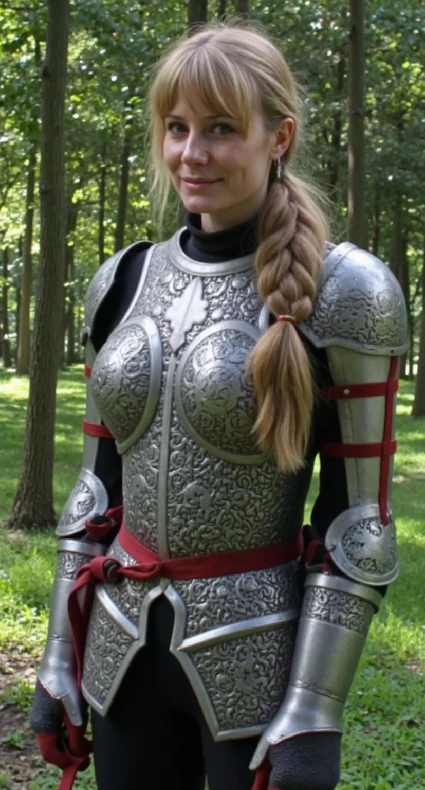 d1g1cam, mature woman standing in forest, 40 years old, looking at the viewer, relaxed expression, wearing knight armor with intricate pattern, red and silver accent, european, long hair with front bangs, side bangs, and a long braided ponytail, black leggings, dynamic angle