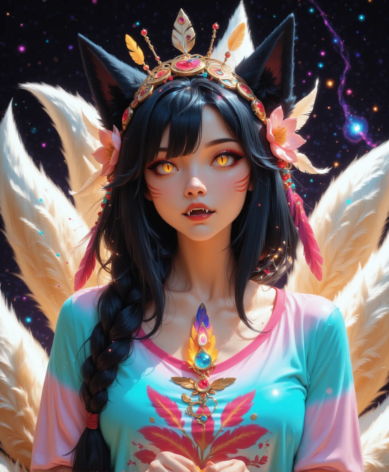 Semi real,ahri, foxgirl,fox ears,9tails,8k,beautiful face, perfect hands,cute, black hair,black foxears,(fox fangs:1.2),single braid, yellow eyes,slit pupils, facial markings,glowing feather-flower hair,((wearing multi colored spring shirt with a unique featery headdress:1.4)), (Rendered in an eerie, otherworldly style with vibrant colors, feathers, and a mesmerizing, beautiful background and a masterpiece of fantasy art:1.2)