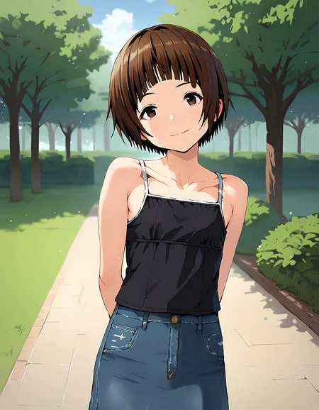 score_9, score_8_up, score_7_up, score_6_up, score_5_up, score_4_up,
1girl, solo,
KonomiHarukaze_T1V1, brown hair, short hair, blunt bangs, brown eyes, flat chest,
black camisole, denim skirt, collarbone, bare shoulders, miniskirt,
standing, arms behind back, head tilt,
looking at viewer, smile, closed mouth,
outdoors, park, cowboy shot,
<lora:KonomiHarukaze_T1V1_epoch_31:0.85>,