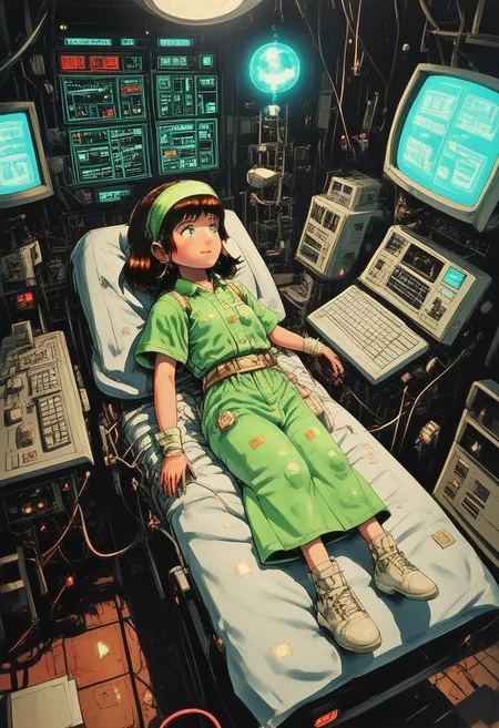 a small girl laying on an operating table, wearing operating gown, computer screens, keyboards, knobs, dials, buttons, orb, inside a sci-fi hospital, wires, cables, computers, contraptions, vials, boxes, tubes, ominous, dark, high contrast shadows, best quality, masterwork, perfect shading, vivid colors, reflections, deep shadows, Boris Vallejo, Julie Bell, Frank Frazetta, Gerald Brom, Michael Whelan, Keith Parkinson. dynamic composition, view from above looking down at her, detailed textures, very detailed body, full body image, wires connected to body, headband, young girl, cute, blinking lights, text moving on computer monitors, rust colored clothing, lights glowing from screens,