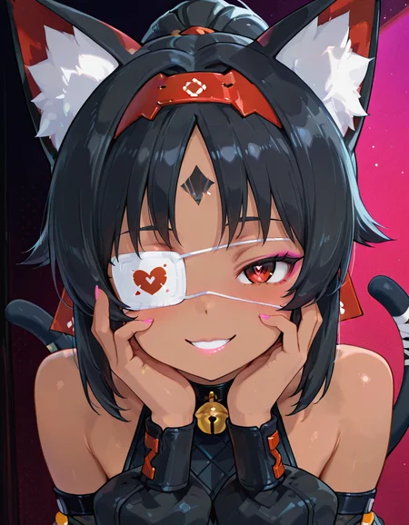 (masterpiece, best quality, ultra-detailed, absurdres, newest, detailed textures:1), correct anatomy, detailed_hands, elegant_fingers, <lora:Nekomiya_Mana_Nekomata_-_Zenless_Zone_Zero_ZZZ_Illustrious:0.7>, nekomiya mana \(zenless zone zero\), red eyes, neck bell, forehead tattoo, dark-skinned female, ponytail, two tails, parted bangs, red metal hairband, black hair, hair ribbon , close-up, yandere trance, yandere expression, large expressive eyes, hands on own cheeks, detailed background, soft lighting, melancholic mood, emotional, upper body, soft shadows, subtle highlights, expressive, vibrant colors, emotional depth, intricate details, (medical eyepatch:1.2), heart-shaped pupil, detailed eye, blush, heavy breathing, crazy smile, psychedelic colors, leaning forward, halftone background, glitter makeup, pink nails, pink lips, pink eyeliner, dynamic angle, <lora:ZenoKuro_IXL:0.7>