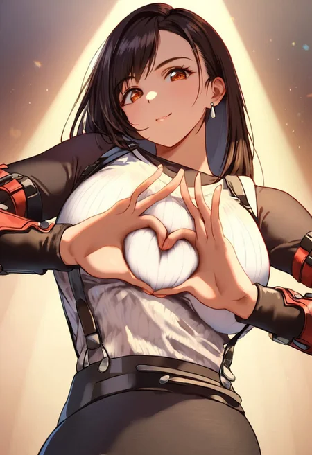 boobheart, heart hands, self grabed own breast, mature woman, Tifa Lockhart , +++ arm at side, head tilt, ass focus, looking at viewer, upper body, cinematic lighting, daytime, strong light, glare, coming in light, rays light, sparkles, lens flare, caustics, golden hour