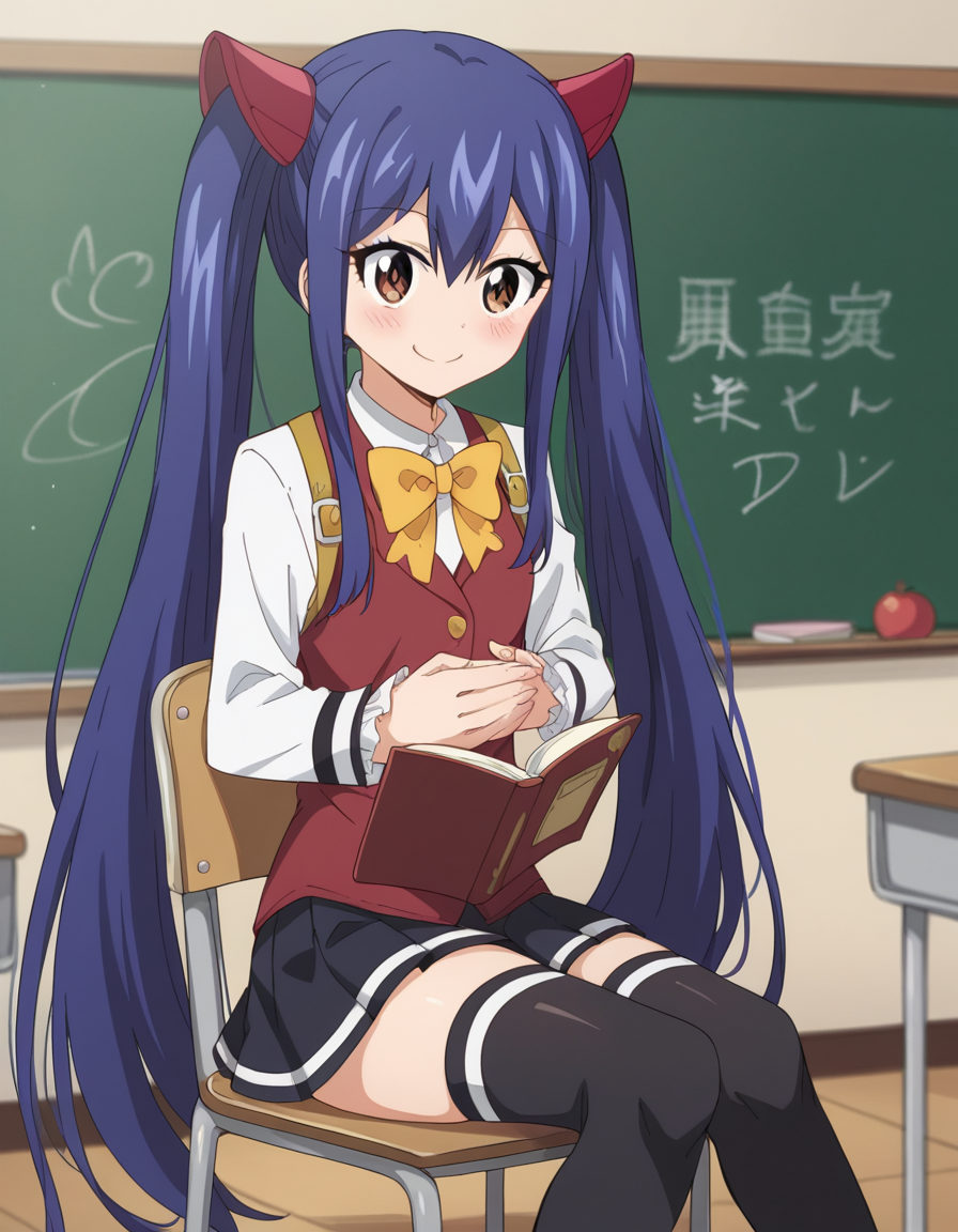 score_9, score_8_up, score_7_up, source_anime, <lora:wendy-marvell-100yq-ponyxl-lora-nochekaiser:1>, wendy marvell, long hair, hair ornament, ribbon, hair between eyes, twintails, brown eyes, very long hair, blue hair,, skirt, thighhighs, bow, ribbon, pleated skirt, black thighhighs, bowtie, black skirt, zettai ryouiki, yellow bow, yellow ribbon, classroom, chalkboard, day time, studying, sitting, chair, desk,, smile, , hands on stomach, blush,, solo,, dutch angle,