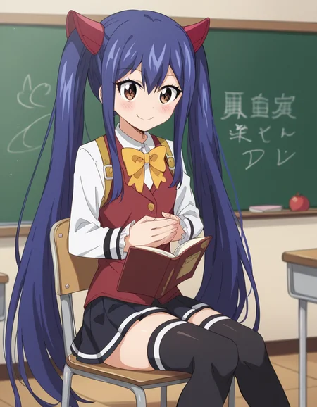 score_9, score_8_up, score_7_up, source_anime, <lora:wendy-marvell-100yq-ponyxl-lora-nochekaiser:1>, wendy marvell, long hair, hair ornament, ribbon, hair between eyes, twintails, brown eyes, very long hair, blue hair,, skirt, thighhighs, bow, ribbon, pleated skirt, black thighhighs, bowtie, black skirt, zettai ryouiki, yellow bow, yellow ribbon, classroom, chalkboard, day time, studying, sitting, chair, desk,, smile, , hands on stomach, blush,, solo,, dutch angle,