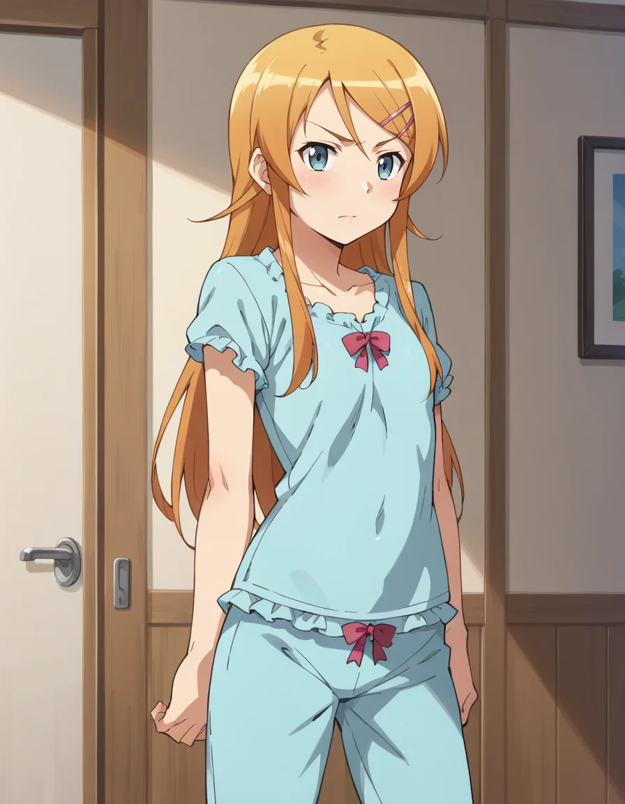 score_9, score_8_up, score_7_up, score_6_up, score_5_up, score_4_up, source_anime, anime screencap, BREAK 1girl, solo, indoors, cowboy shot,
<lora:Kousaka_Kirino_Pony:1> kousaka_kirino, orange hair, long hair, blue eyes, hairclip, kirino_pj, blue pajamas, frills, shorts, bow,