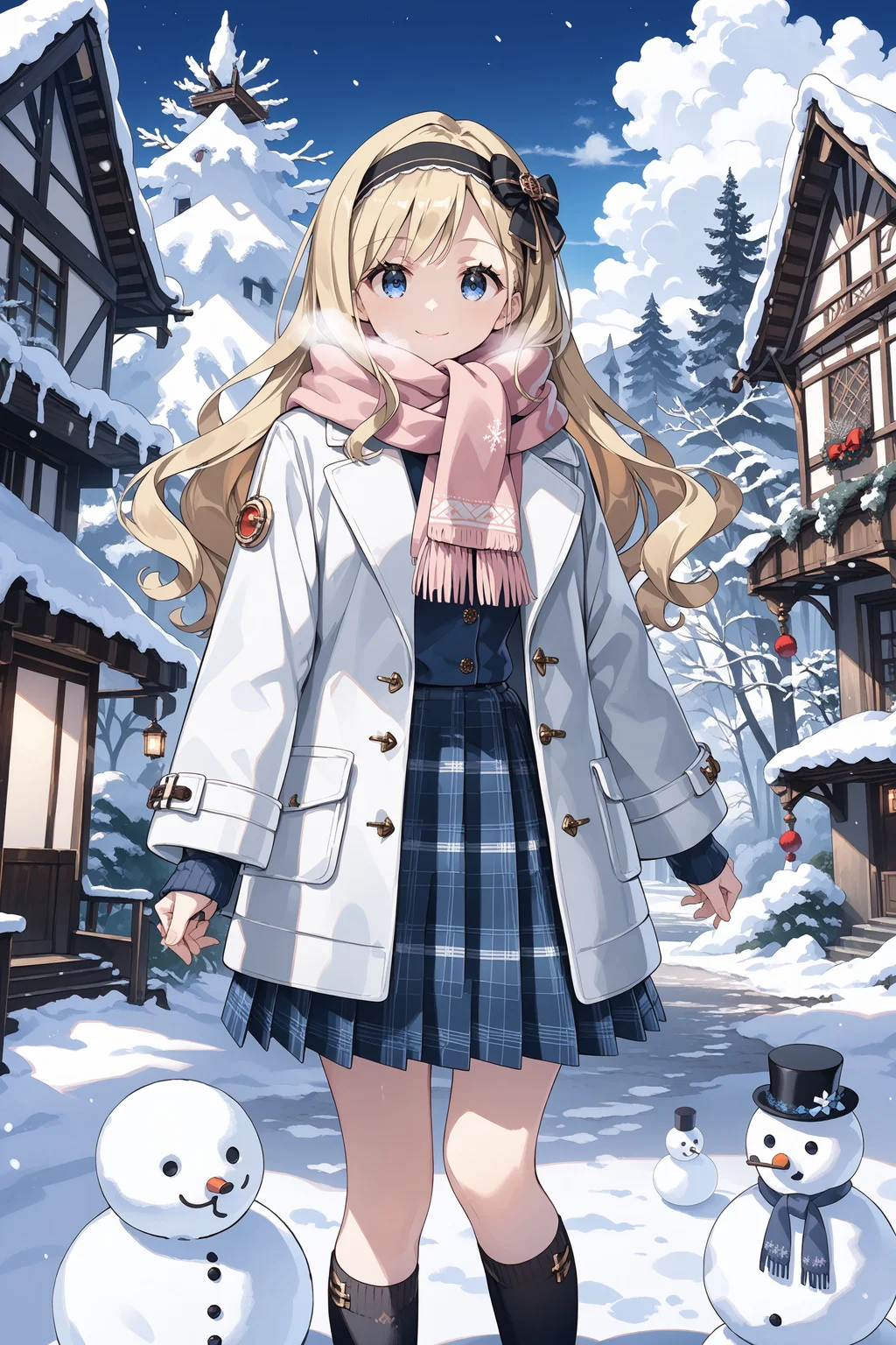 score_max, (score_9, score_8_up, score_7_up:1.2), score_6_up, official art, source_anime,
, masterpiece, absurdres, high detail, 8k,
village, snow mountain, snowman,
standing, light smile, steam,
kamotti, bow hairband, black bow, pink scarf, winter coat, white coat, long sleeves, pleated skirt, plaid skirt, blue skirt, black socks, loafers
<lora:XL_Pony_gomaotsu-chamomile-t1:1.0>