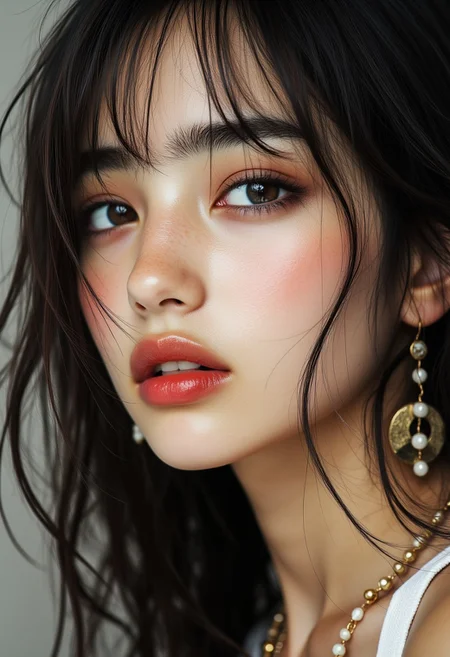 midjourney_whisper_innocent_eyes, closeup portrait of stunningly beautiful Japanese woman, blonde hair, dark eyeshadow, make-up, red lips, long dark hair, earrings, necklaces