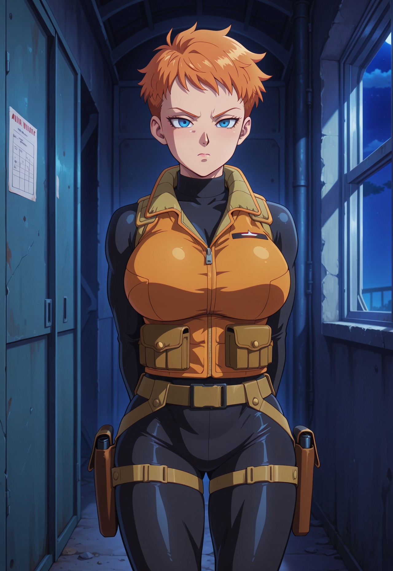 dbstyle, masterpiece, best quality, hyper-Detailed, 1female, solo ((female, fair skin, toned body, orange short hair, pixie hair, blue detailed eyes, big round breasts, muscular tighs)), ((wearing black turtleneck bodysuit with long sleeves, black militar vest with holsters, black tight pants, black legs holsters)), serious, standing with hands behind body and chin raised, paying attention, inside a military barracks, night