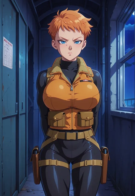 dbstyle, masterpiece, best quality, hyper-Detailed, 1female, solo ((female, fair skin, toned body, orange short hair, pixie hair, blue detailed eyes, big round breasts, muscular tighs)), ((wearing black turtleneck bodysuit with long sleeves, black militar vest with holsters, black tight pants, black legs holsters)), serious, standing with hands behind body and chin raised, paying attention, inside a military barracks, night