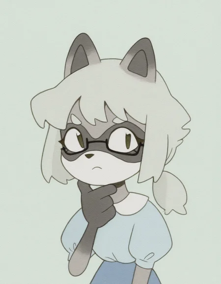 watercolor, colored outlines, pastel background, sea-green background, 

1girl, solo, furry, anthro raccoon girl, almond-shaped eyes, hazel eyes, (square glasses:1.15), straight blonde hair, long ponytail, blouse, low ponytail, nerd, thinking, one hand on chin, 