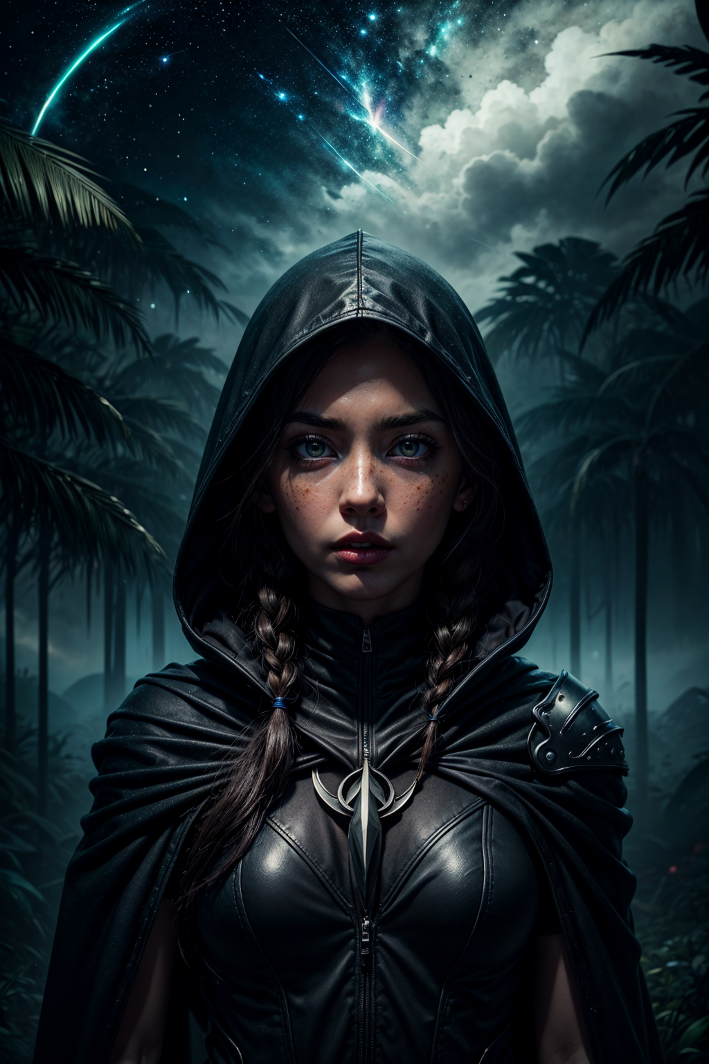 (masterpiece, detailed:1.3), vivid colors, <lora:add_detail:1>,
1 girl, adult  woman, freckles, coral eyes, black braided hairstyle, 
  solo, (full body:0.6), looking at viewer, detailed background, detailed face, (tropical jungle theme:1.1), dark eyes, dark shadow-hunter, agent of oblivion, , shadow guardian, cloak, hood, sleek dark black leather armour,   haunting presence, vanishing into shadows,  shadow manipulation,   evil magical glyphs, dark  blade,   shadowy dark altar in background, dark color scheme,  starry night sky,  echoing whispers, ethereal atmosphere,
<lora:StarDust:0.6>,