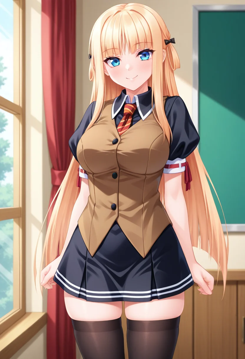 masterpiece, best quality, amazing quality, absurdres, 1girl, solo, cowboy shot, nanaoww, blue eyes, blonde hair, long hair, straight hair, red striped necktie, black school dress, brown vest, puffy short sleeves, zettai ryouiki, black thighhighs, looking at viewer, smile, indoors, day, skindentation, detailed clothing folds, depth of field, sharp, high contrast, dynamic light <lora:Mimasaka_Nanao_Otome_Chibaku_Yuug_ill:0.8>