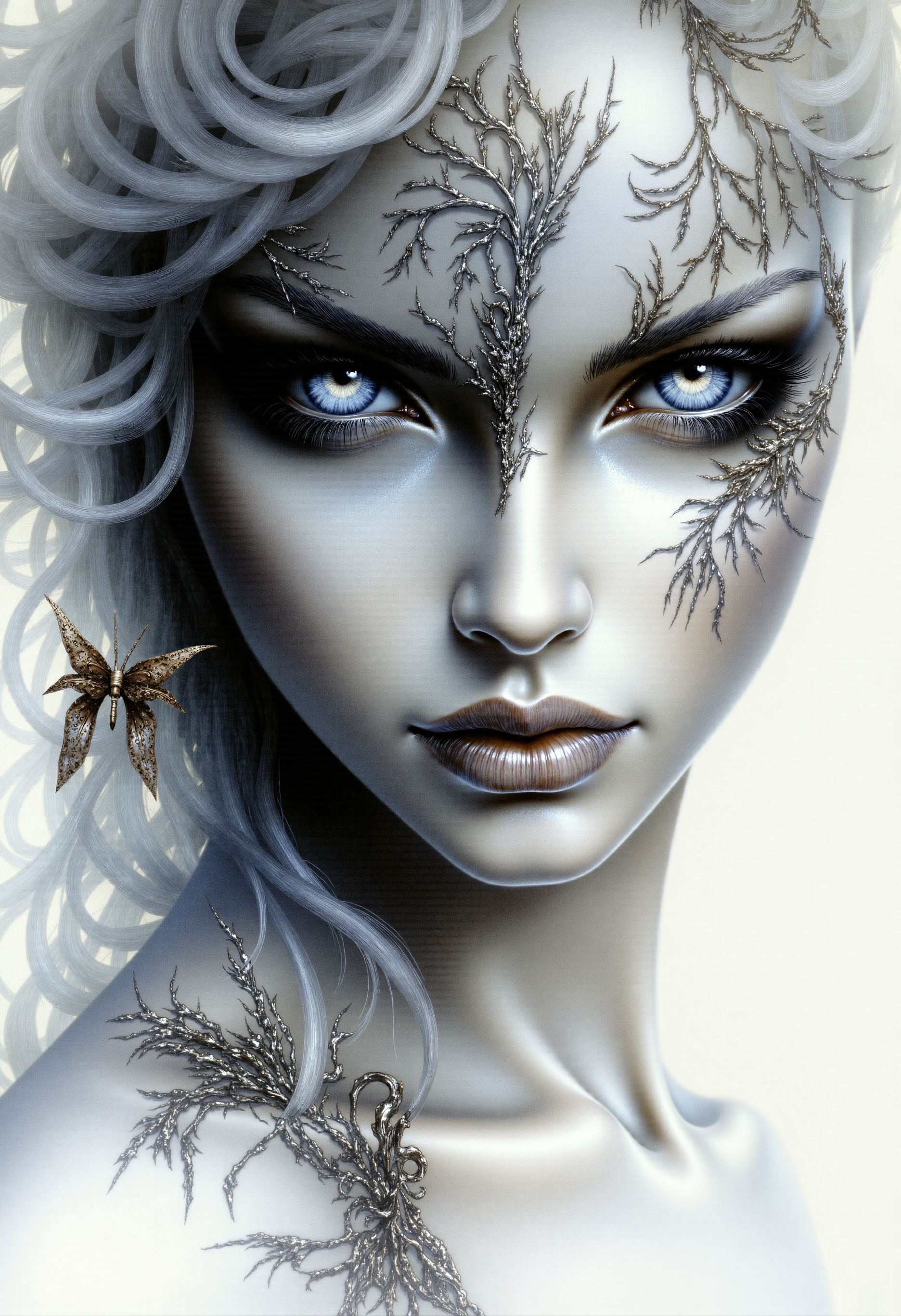 Ethereal Gothic Elegance, A portrait of Hel, the ruler of Helheim. Her marvelous wild mane covers part of her beautiful face and bare chest. Both eyeballs are completely blank and featureless, devoid of pupils and irises, and extend across the entire eye region, blending seamlessly into the surrounding facial area, while the eyes remain fully open. The face is divided into two halves. The left side shows signs of decay and decomposition, with lifeless dark-coal skin, hard bones are visible under the torn skin, shreds of golden ash detached from her skin. Her left eyeball is completely golden. The right half of the face is of unearthly beauty, with immaculate, flawless white skin. Her right eyeball is completely snow-white. The transition between the two halves of the face is fluid and unobtrusive, symbolizing the brief moment between life and death. The picture depicts a surreal and abstract pencil and ink drawing, characterized by a monochromatic scheme with predominant shades of black, white, and gray, which has been digitally enhanced.