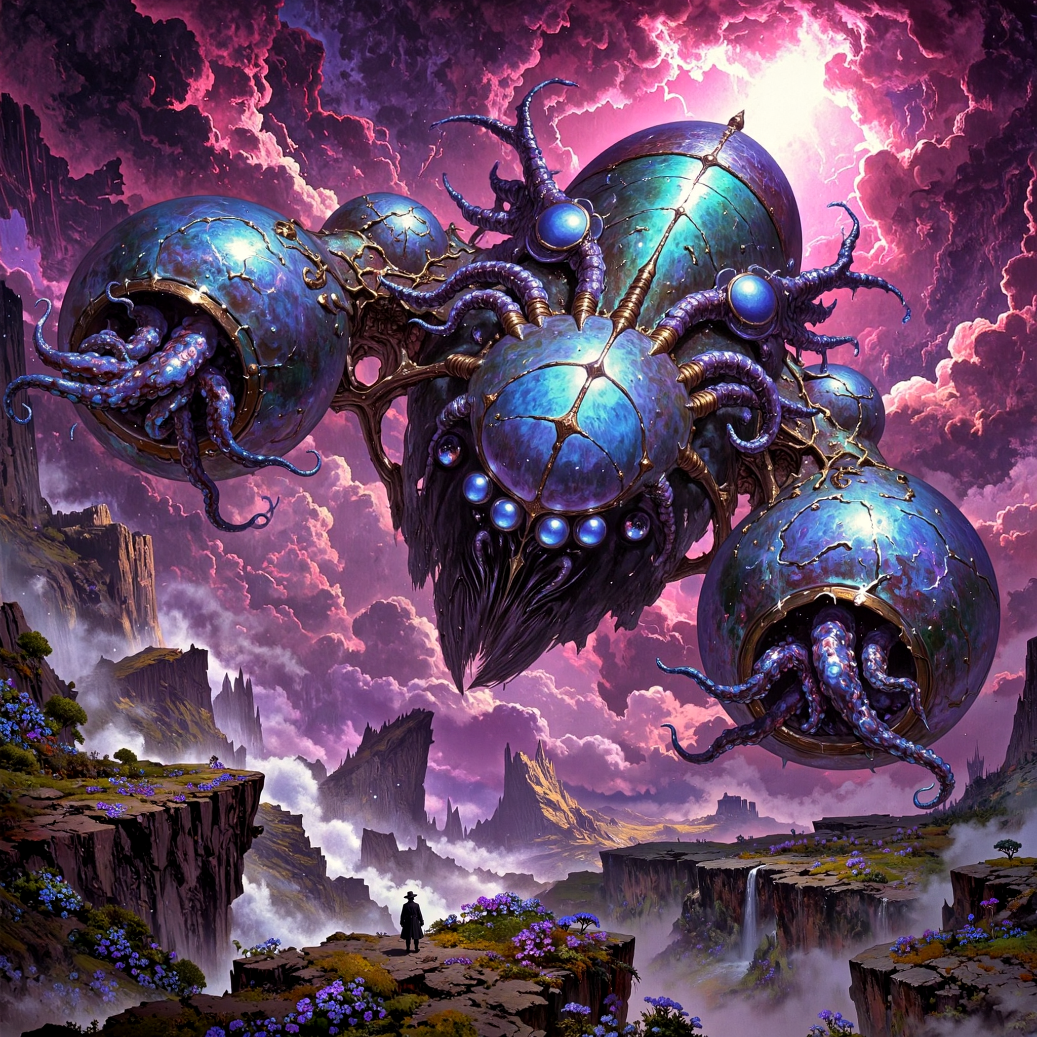 creature with a symmetrical body, the color palette is predominantly blackberry purple and anthrazit grey and deep teal and indigo blue, exotic and otherworldly scenery on a distant planet, very aesthetic, extremely detailed, masterwork, golden ratio, famous artwork, sci-fi, fractal art, dramatic sky, this image shows the airborne "accomplished soulmumbler", an ethereal and mysterious floater with enormous iridescent gas bladders, it navigates the clouds in the dense atmosphere of the tempestuous alien planet "helmsphere" with ethereal wobblepluffing grace, perfect proportions, detailed expressive eyes, dappled lighting, ovg, painting, amanoer, <lora:style-oil_painting-flux-by_leporello:0.48> <lora:style-yoshitaka_amano-elden_ring-flux-by_alicient:0.24> <lora:style-retro_anime-flux-by_lizardman245:0.12> <lora:style-mythic_fantasy-v2-flux-by_velvets:0.88> <lora:image_enhancer-flux-by_dever:0.8>