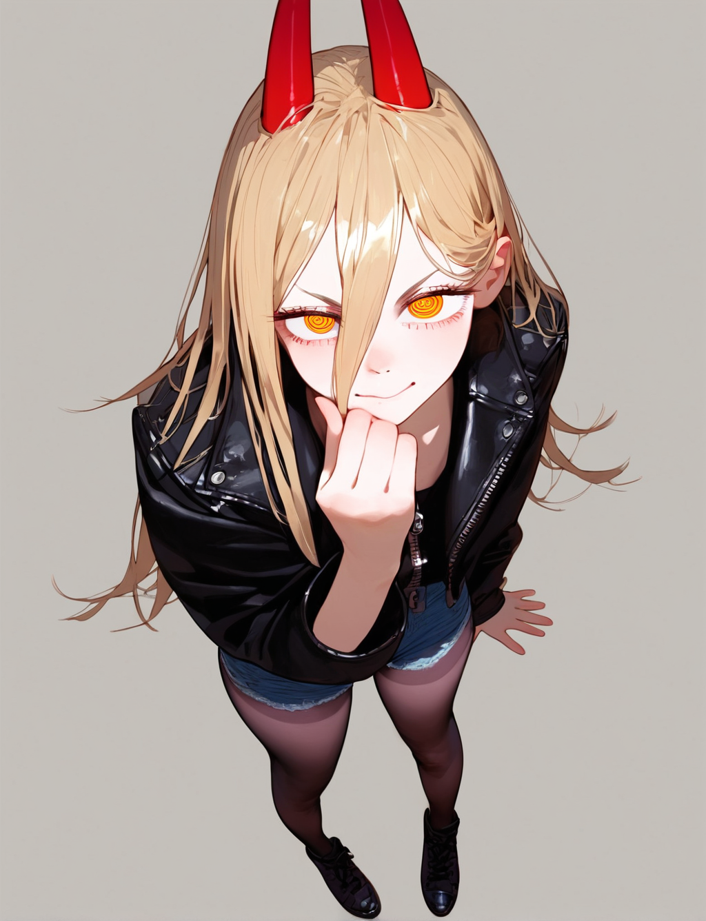 score_8_up. score_7_up, <lora:eatsleep1111>, eatsleep1111, white background, 
1girl, solo, power (chainsaw man), jacket, pantyhose, red horns, shorts, looking at viewer, horns, simple background, hair between eyes, long hair, white background, black jacket, full body, cross-shaped pupils, hand on own hip, blonde hair, symbol-shaped pupils, smile, black footwear, yellow eyes, black pantyhose, standing, leather jacket, short shorts, shoes, hand on own chin, denim, long sleeves, leather, from above, denim shorts, zipper, demon horns, closed mouth