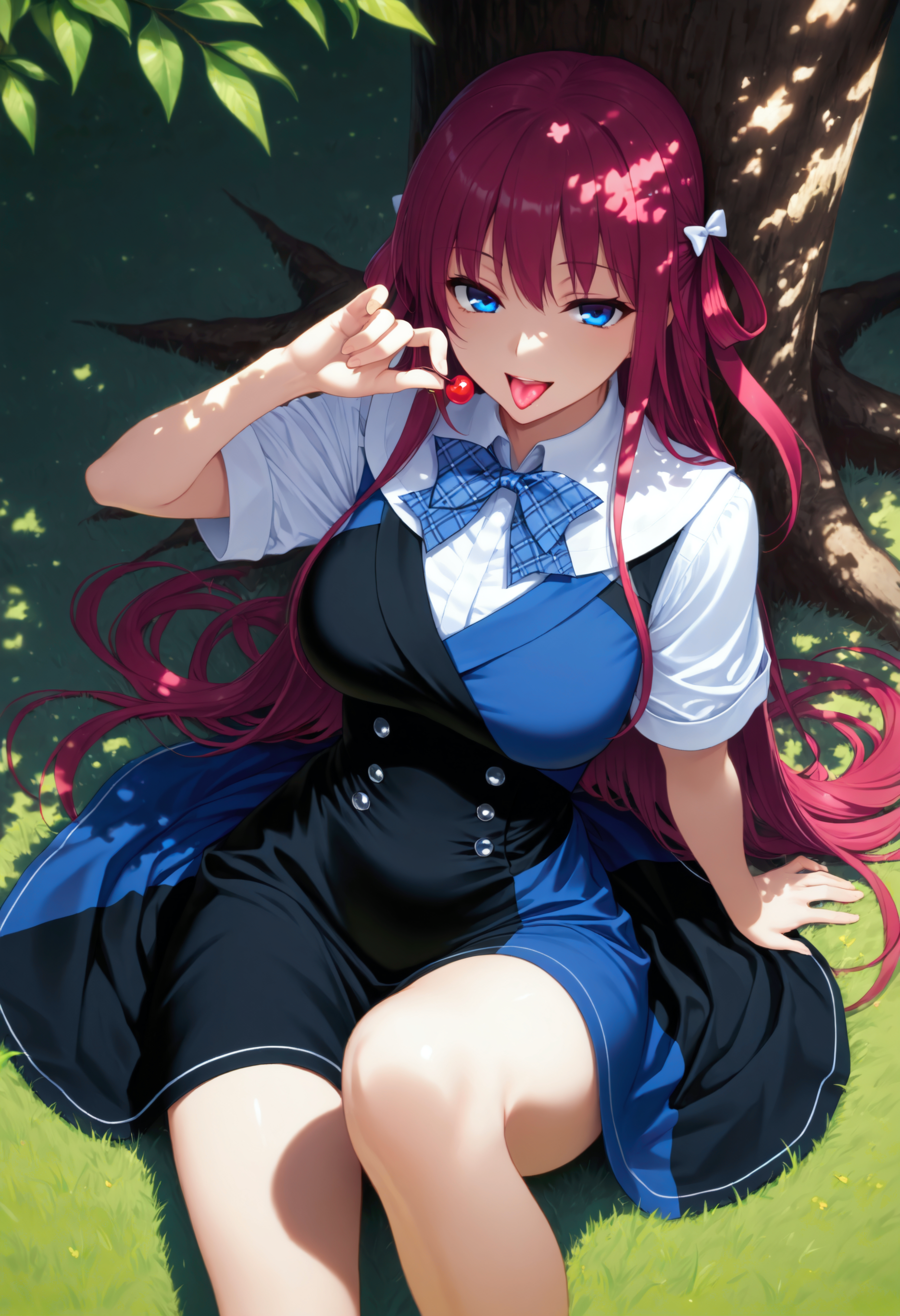 <lora:Char_SuouAmaneV2:1>, red hair, long hair, blue eyes, two side up, hair bow, white bow, hair rings, 
two-tone dress, double-breasted, blue dress, black dress, blue bowtie, plaid bowtie, wing collar, short sleeves, white sleeves, bare legs,
from above, looking at viewer, outdoors, tree shade, dappled sunlight, grass, cherry, holding cherry, tongue out, licking, open mouth, seductive smile, sitting, leaning back, dutch angle, masterpiece, best quality