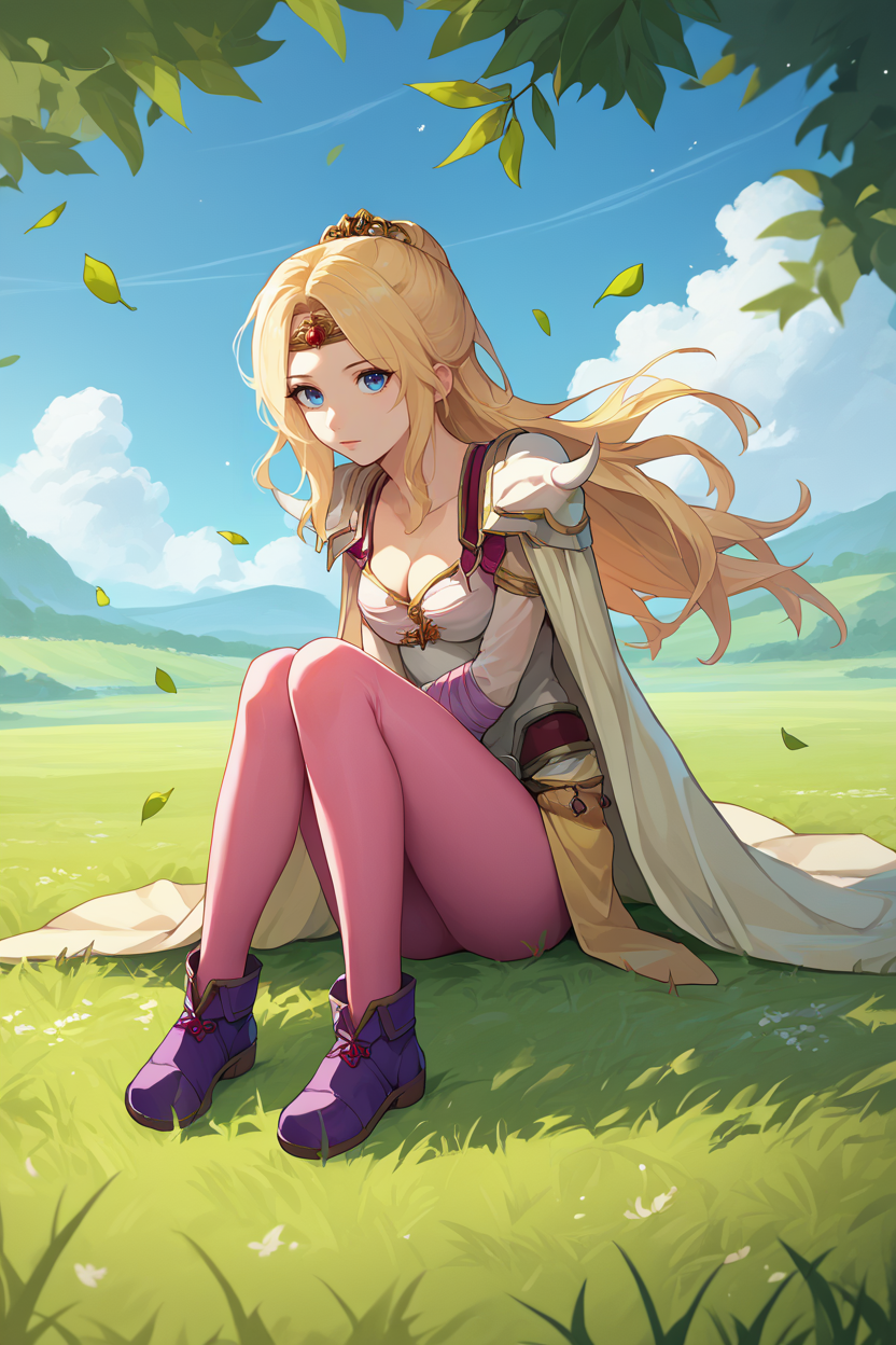 score_9, score_8_up, score_7_up, score_6_up, source_anime, BREAK 1girl, solo,  <lora:ff4rosa-pdxl-nvwls-v1-000005:1> ff4ros, blonde hair, blue eyes, circlet, cape, cleavage, shoulder armor, camisole, clothes around waist, pink pantyhose, medium breasts, sitting, on ground, purple shoes, from side, looking at you, field, grass, blue sky, wind, leaves, trees